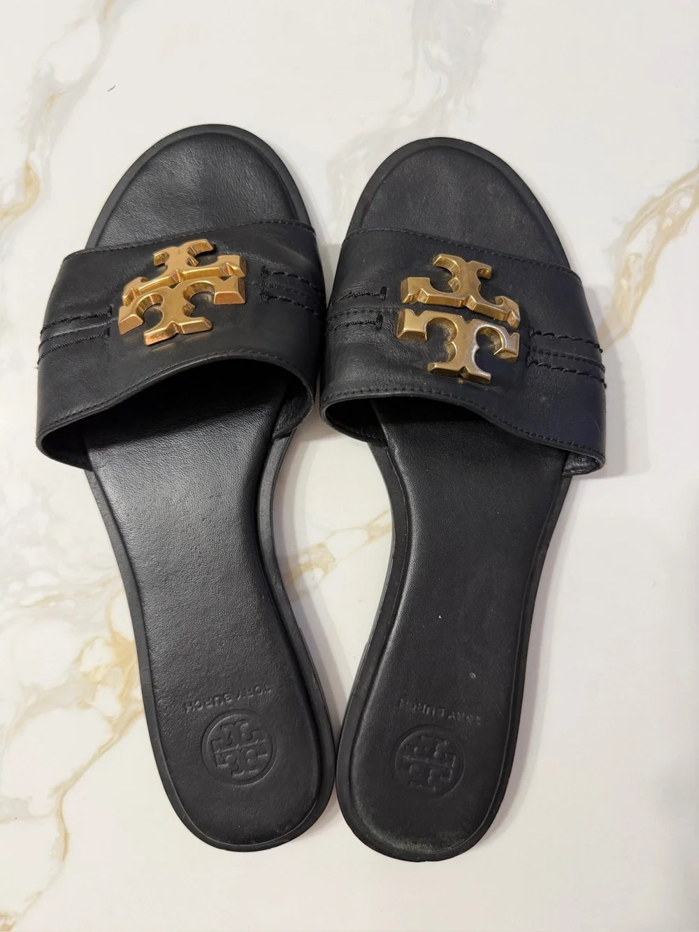 Tory Burch Black Leather Slide Sandals with Gold Logo Emblem